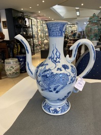 A Chinese blue and white 'qilin and phoenix' ewer, Kangxi