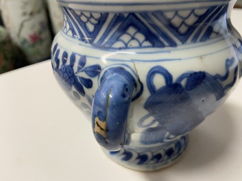 A rare Chinese blue and white kraak porcelain two-handled jarlet on foot, Wanli
