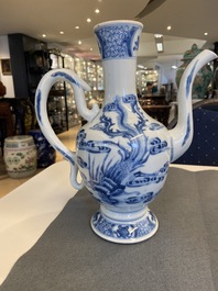 A Chinese blue and white 'qilin and phoenix' ewer, Kangxi