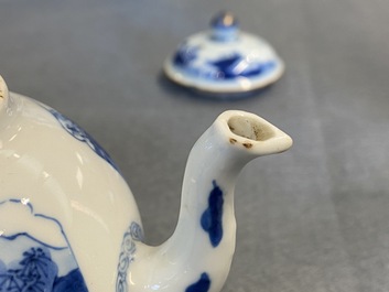 A Chinese blue and white 'landscape' teapot and cover, Chenghua mark, Kangxi