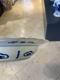 A Chinese blue and white dish with two ladies and two rabbits in a garden, Kangxi mark and of the period