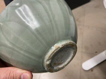 Three Chinese celadon-glazed 'lotus' bowls, Song