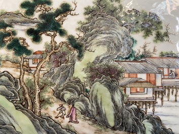 A Chinese rectangular famille rose 'landscape' plaque mounted in a wooden table screen, 19/20th C.