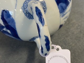 A Chinese blue and white 'landscape' teapot and cover, Chenghua mark, Kangxi