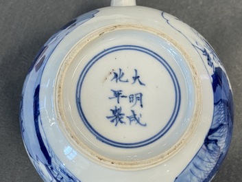 A Chinese blue and white 'landscape' teapot and cover, Chenghua mark, Kangxi