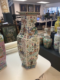 A Chinese hexagonal famille rose 'antiquities' vase, 19th C.