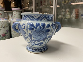 A rare Chinese blue and white kraak porcelain two-handled jarlet on foot, Wanli