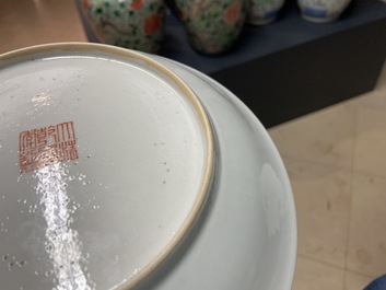 A Chinese famille rose plate with a European, Qianlong mark, Jiaqing