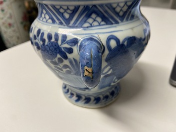 A rare Chinese blue and white kraak porcelain two-handled jarlet on foot, Wanli