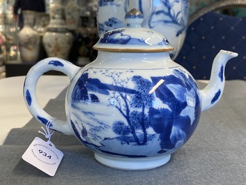 A Chinese blue and white 'landscape' teapot and cover, Chenghua mark, Kangxi