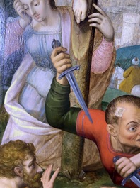 Ecole flamande: Soldats romains se battent pour un jeu de d&eacute;s devant le Christ en croix, huile sur panneau, 1&egrave;re moiti&eacute; du 16&egrave;me