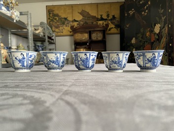 Six Chinese blue and white saucers and five cups, Qi Yu Tang Zhi mark, Kangxi