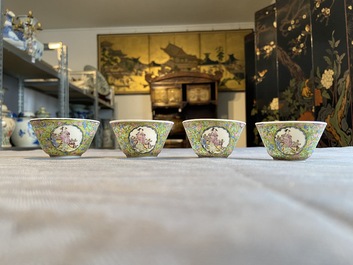 Four Chinese famille rose green-ground cups and saucers, 18/19th C.