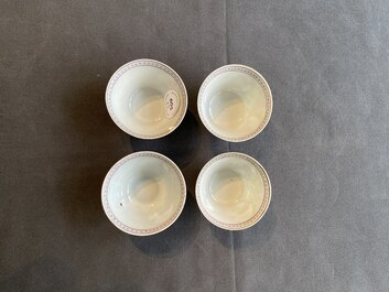 Four Chinese famille rose green-ground cups and saucers, 18/19th C.