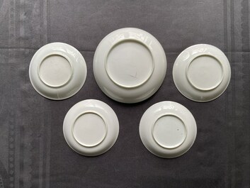 Five Chinese famille rose and grisaille saucers and three cups, Yongzheng