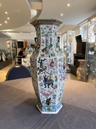 A Chinese hexagonal famille rose 'antiquities' vase, 19th C.