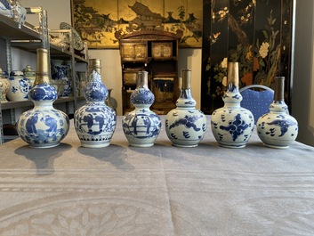 Six Chinese blue and white metal-mounted double gourd vases, Transitional period and later