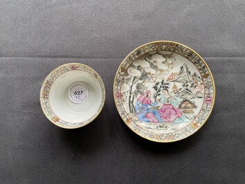 A fine Chinese famille rose 'romantic subject' cup and saucer, Qianlong