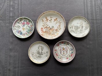 Five Chinese famille rose and grisaille saucers and three cups, Yongzheng