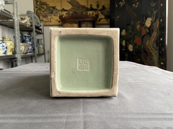 A Chinese monochrome celadon 'cong' vase with trigrams, Qianlong mark, Republic