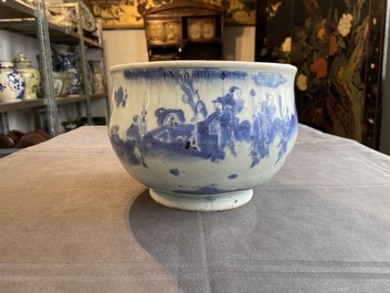 A Chinese blue and white censer with figures in a landscape, Transitional period