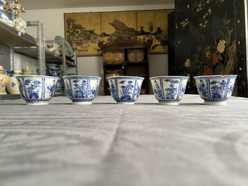 Six Chinese blue and white saucers and five cups, Qi Yu Tang Zhi mark, Kangxi