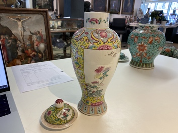 Four various Chinese famille rose, verte and blue and white vases, 19/20th C.