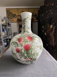 A Chinese famille rose 'nine peaches' tianqiu ping vase, Qianlong mark, 20th C.