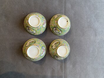 Four Chinese famille rose green-ground cups and saucers, 18/19th C.