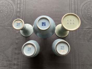Five Chinese monochrome clair-de-lune and celadon-glazed vases, 19/20th C.