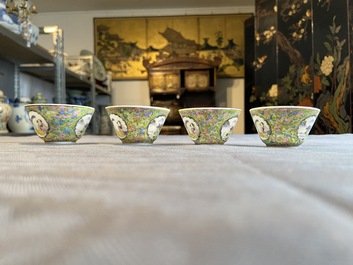 Four Chinese famille rose green-ground cups and saucers, 18/19th C.