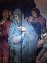 Ecole flamande: Soldats romains se battent pour un jeu de d&eacute;s devant le Christ en croix, huile sur panneau, 1&egrave;re moiti&eacute; du 16&egrave;me