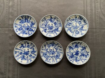 Six Chinese blue and white saucers and five cups, Qi Yu Tang Zhi mark, Kangxi
