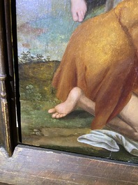 Ecole flamande: Soldats romains se battent pour un jeu de d&eacute;s devant le Christ en croix, huile sur panneau, 1&egrave;re moiti&eacute; du 16&egrave;me