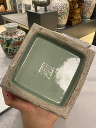 A Chinese monochrome celadon 'cong' vase with trigrams, Qianlong mark, Republic