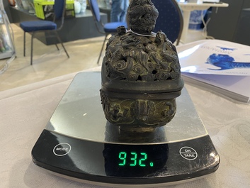 A Chinese bronze 'mythical beasts' censer and cover, 17th C.