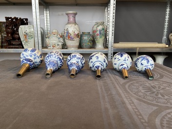 Six Chinese blue and white metal-mounted double gourd vases, Transitional period and later