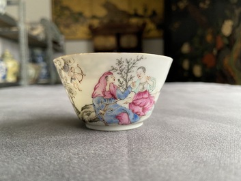 A fine Chinese famille rose 'romantic subject' cup and saucer, Qianlong