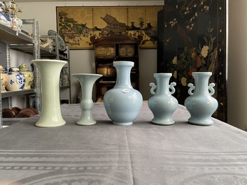 Five Chinese monochrome clair-de-lune and celadon-glazed vases, 19/20th C.