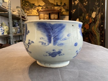 A Chinese blue and white censer with figures in a landscape, Transitional period