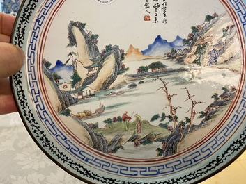 A Chinese Canton enamel plate with a fine landscape, Qianlong