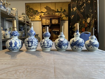 Six Chinese blue and white metal-mounted double gourd vases, Transitional period and later