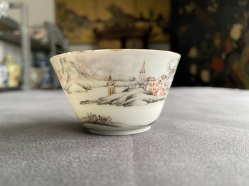 A fine Chinese famille rose 'romantic subject' cup and saucer, Qianlong