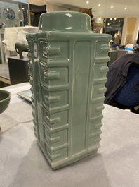 A Chinese monochrome celadon 'cong' vase with trigrams, Qianlong mark, Republic