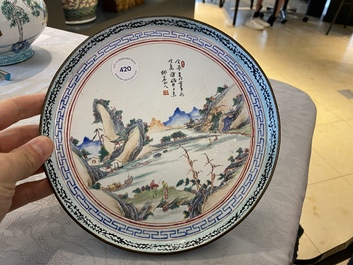 A Chinese Canton enamel plate with a fine landscape, Qianlong