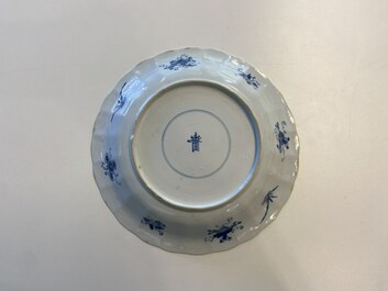 A Chinese blue and white lobed 'crab and fish' dish, Yu mark, Kangxi
