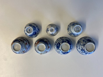 Twenty-seven Chinese blue and white saucers and seven cups, Kangxi and later