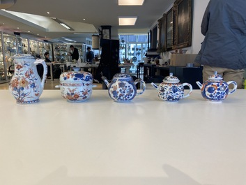 Three Chinese Imari-style teapots, a silver-mounted ewer and a covered bowl, Kangxi
