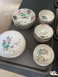 Thirteen Chinese famille rose saucers and twelve cups, Qianlong