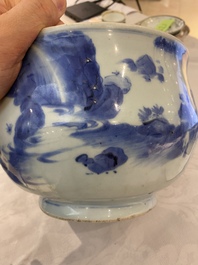 A Chinese blue and white censer with figures in a landscape, Transitional period